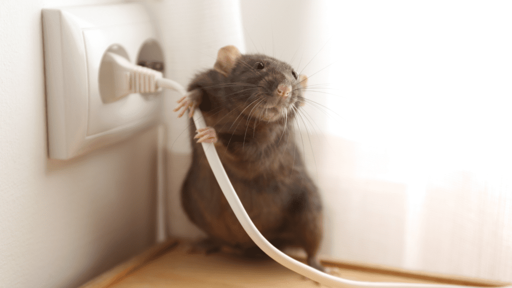 how to prepare for an exterminator - mouse holding the white plug cable