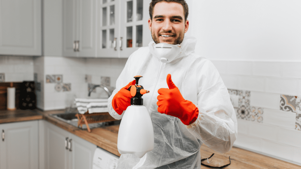 Exterminator holding spray bottle in white suit