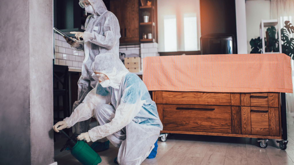 Roach Exterminators in Lab Jumpsuit and Safety Gears Performing Thorough Cleaning