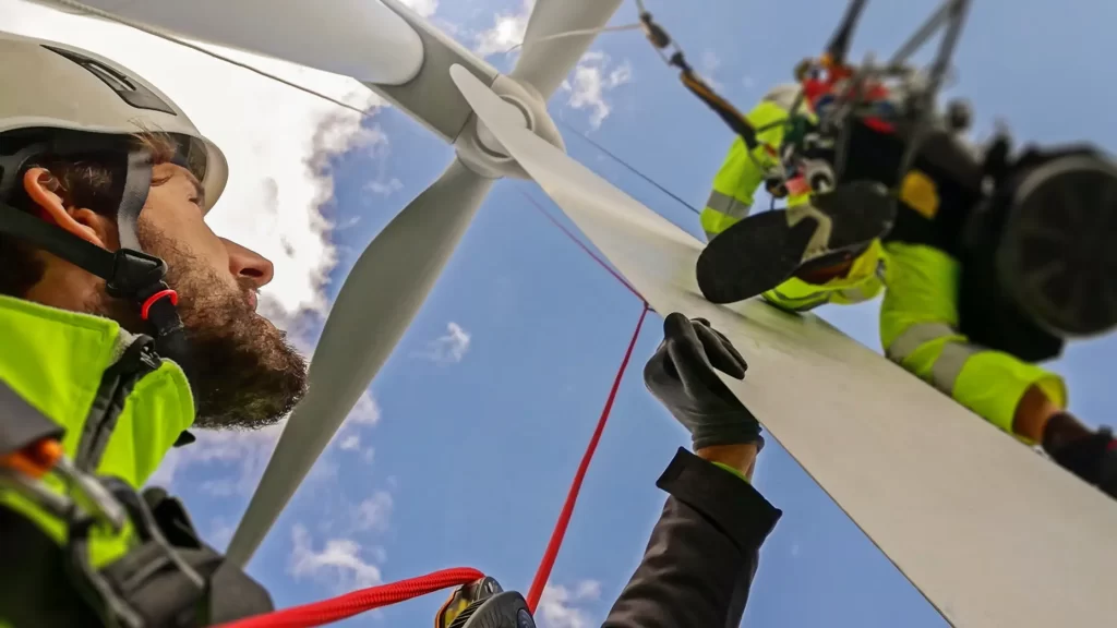 Two wind turbine technicians maintaining a wind turbine for sustainable energy