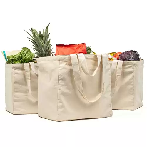 VeraMia Canvas Grocery Bag 3pc Jumbo Set with Real Pock
