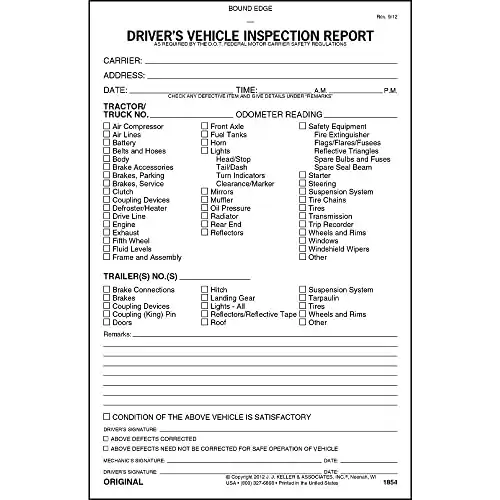 Detailed Driver's Vehicle Inspection Report 25-pk. - Book Format, 2-Ply Carbonless, 5.5" x 8.5", 31 Sets of Forms Per DVIR Book - Meet FMCSR Requirements - J. J. Keller & Associates