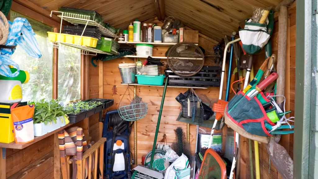 Garden Shed Interior with Gardening Tools - Essential step for waterproofing like a pro