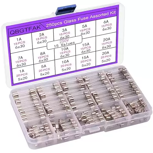 250pcs Quick Blow Glass Tube Fuse Assorted Kit 250V 1A, 2A, 3A, 5A, 6A, 7A, 8A, 10A, 15A,20A, 6x30mm, 250V 1A, 5A, 10A, 15A, 20A, 5x20mm (5x20mm and 6x30mm)