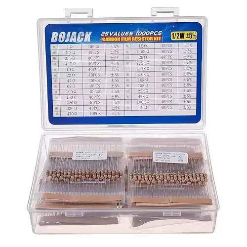 BOJACK 1000 Pcs 25 Values Resistor Kit 1 Ohm-1M Ohm with 5% 1/2W Carbon Film Resistors Assortment