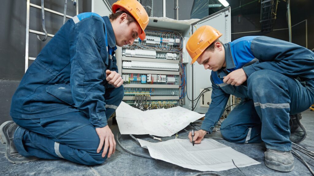 Master electricians reviewing electrical blueprints and wiring in a commercial setting