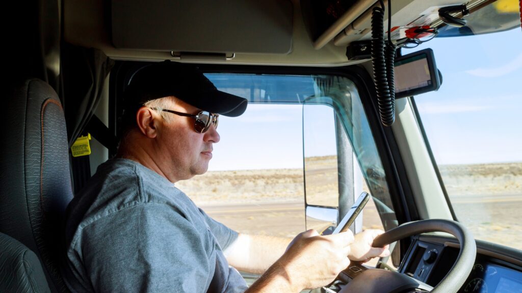 Truck driver checking his phone during a break, illustrating how many hours a truck driver can drive and required breaks