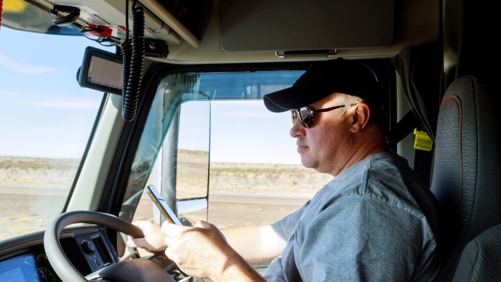 Owner-operator truck driver managing business while driving, illustrating independence and control in 2024