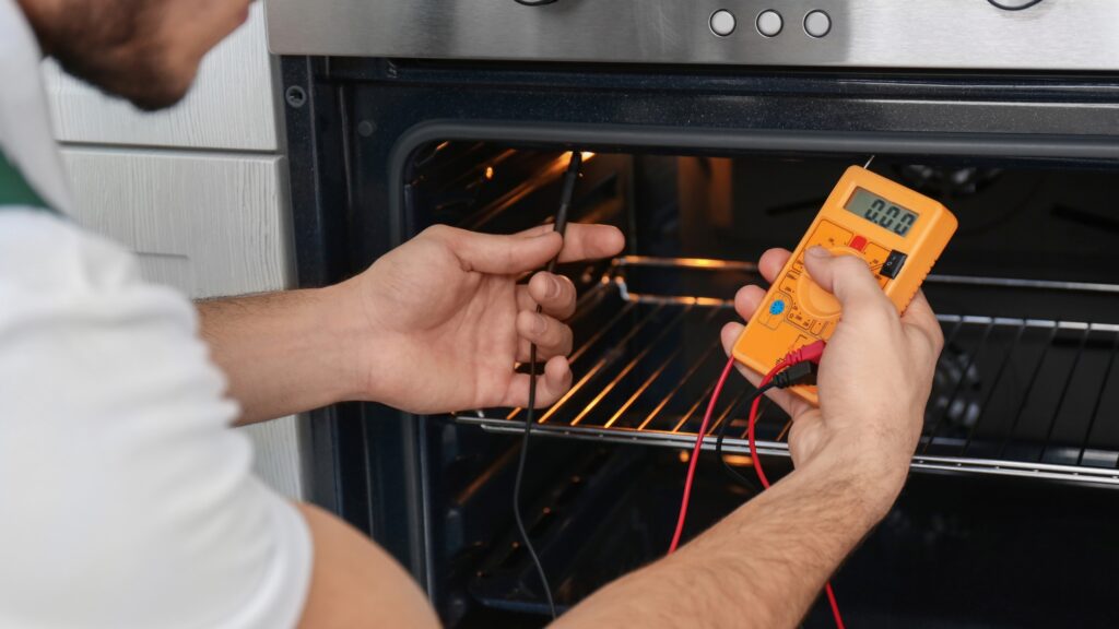 Electrician using a multimeter from an electrician tools list to test an oven's circuit for voltage and continuity