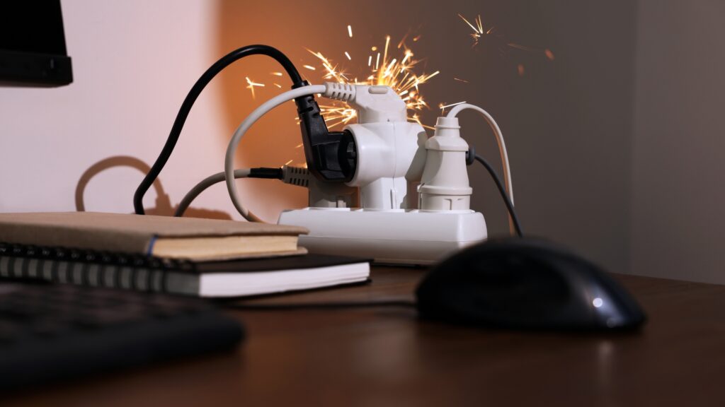 Overloaded power strip sparking, representing light flickering and dimming, one of the top common electrical issues