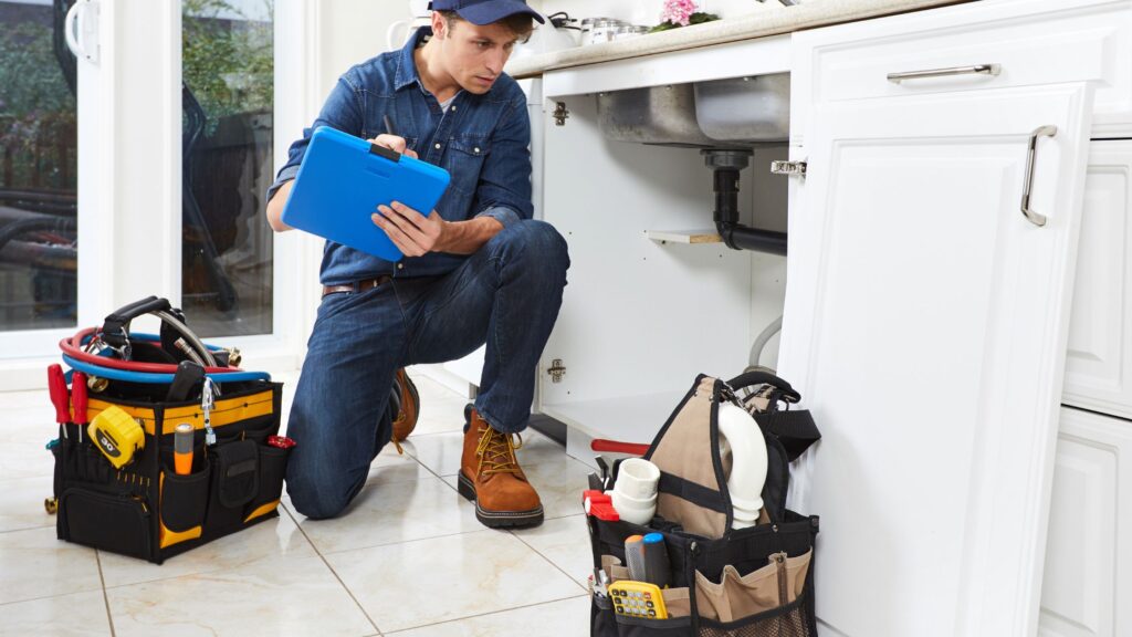 Plumber Using Pipe Inspection Camera From Plumber Tools List For Specialty Plumbing Tasks Under Sink