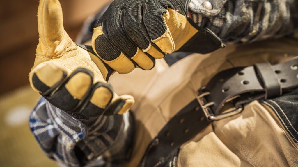 A tradesman wearing durable, padded work gloves for enhanced protection and grip during hazardous tasks on-site